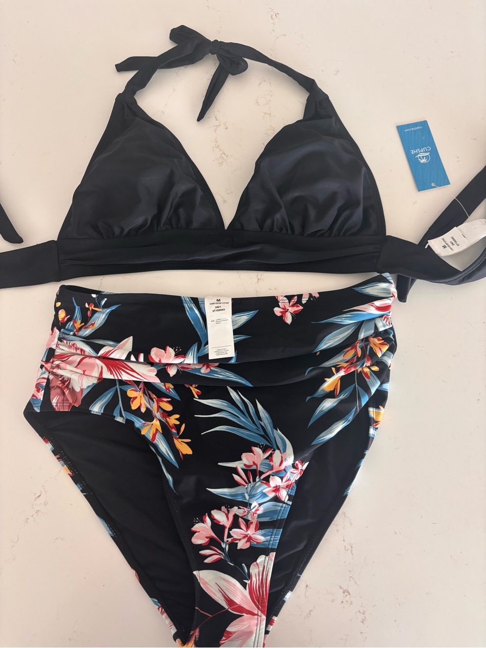 Cupshe Black Floral Halter Bikini with Tropical Print